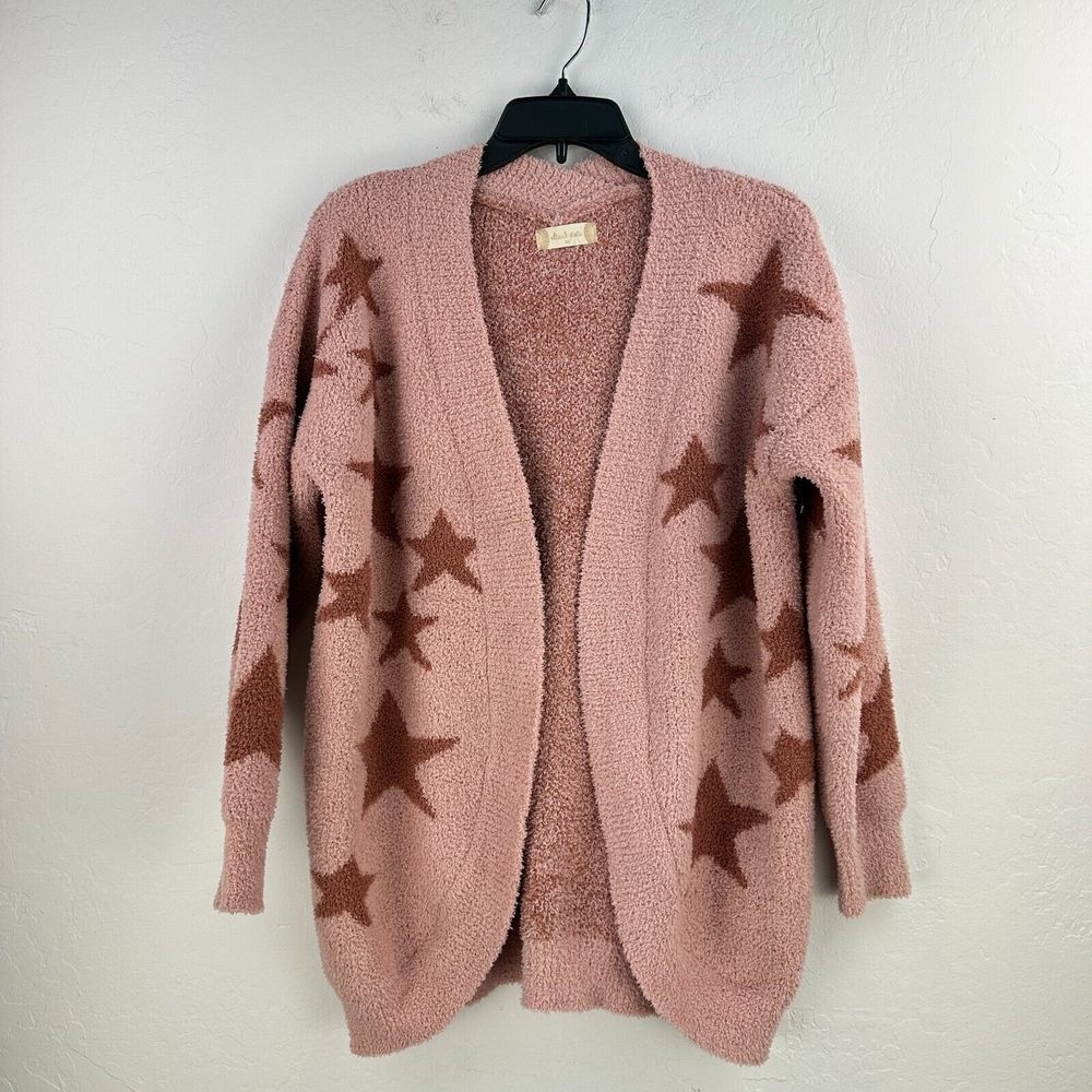 Altar'd State Cardigan Sweater Womens XS Pink Fleece Fuzzy Star Open Front